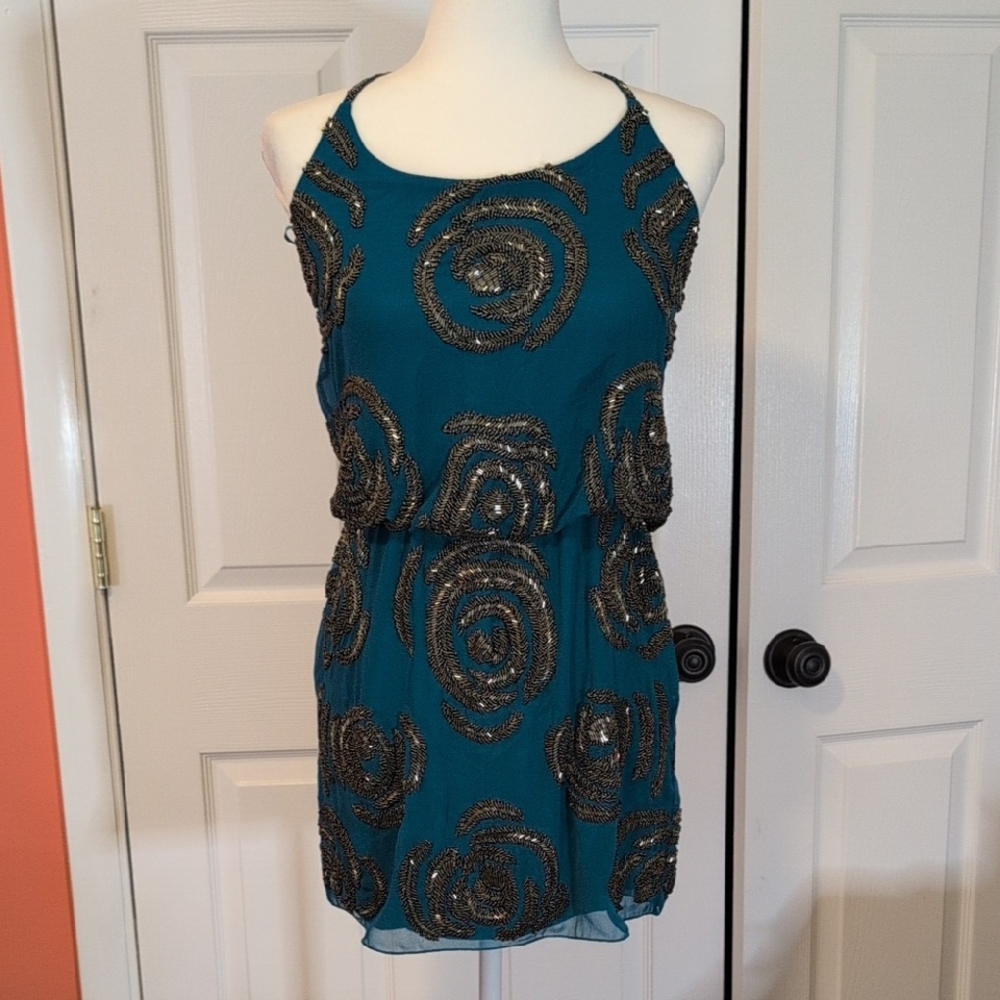 Lotus Threads Teal Sleeveless Racerback Dress with Sequin Swirls NWT